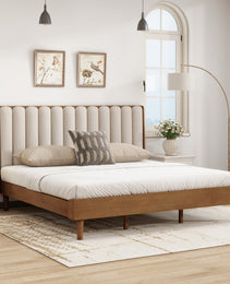 King Size Wood Bed With Piano Key Style Upholstered Headboard , Wood Bed With Strengthened Bed Frame ,Wheat