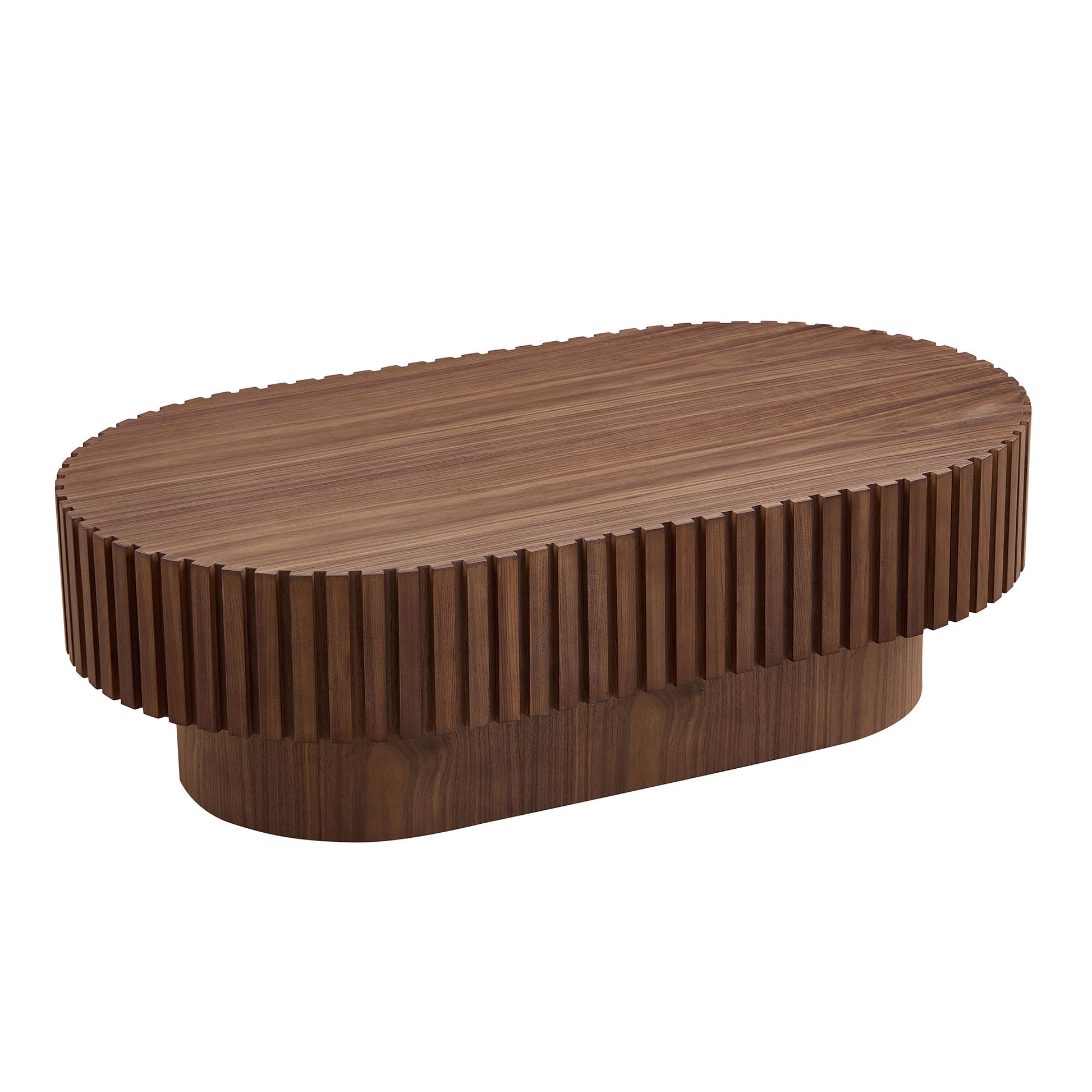 43.70 Inch Modern Handcraft Drum Coffee Table Oval Coffee Table For Living Room,Small Wooden Coffee Table With Sturdy Pedestal For Office,Walnut