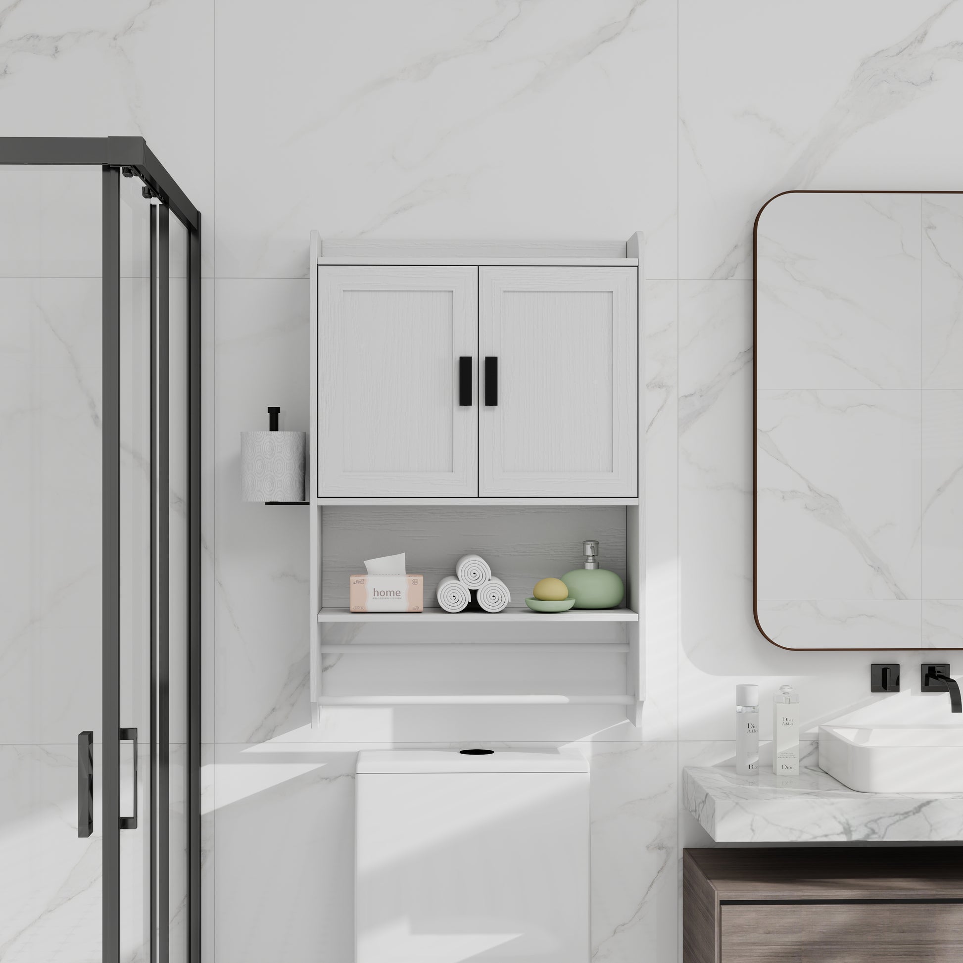 Bathroom Wall Cabinet With Doors,Adjustable Shelf,Towel Bar And Paper Holder, Over The Toilet Storage Cabinet, Medicine Cabinet For Bathroom-White
