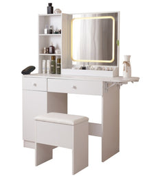 Vanity Desk With Lighted Mirror & Power Outlet, Makeup Vanity Desk With Drawers And Large Storage Cabinet For Bedroom, 3 Lighting Modes Adjustable Brightness, Storage Stool, White - CJDS