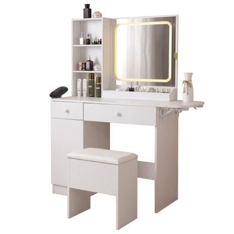 Vanity Desk With Lighted Mirror & Power Outlet, Makeup Vanity Desk With Drawers And Large Storage Cabinet For Bedroom, 3 Lighting Modes Adjustable Brightness, Storage Stool, White - CJDS