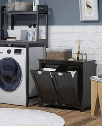 Bathroom Storage Cabinet, Tilt-Out Laundry Hamper with 2 Compartments, Black