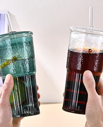 20 Oz 2-pack Green Glass Straw Cup With Vertical Pattern Cup And Lid, High Borosilicate Heat-resistant Glass Cup For Juice, Milk And Cold Drinks