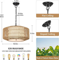 Table Lamp Farmhouse Chandelier Light Fixture,4-Light Rattan Boho Chandeliers for Dining Room with Fabric Shade,Hand Woven Large Rattan Dining Room Light Fixture for Kitchen Bedroom Island Hallway,Be