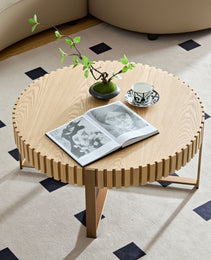 Modern Handcraft Drum Coffee Table 31.5 Inch Round Coffee Table For Living Room,Small Coffee Table With Sturdy Pedestal,Natural Ash