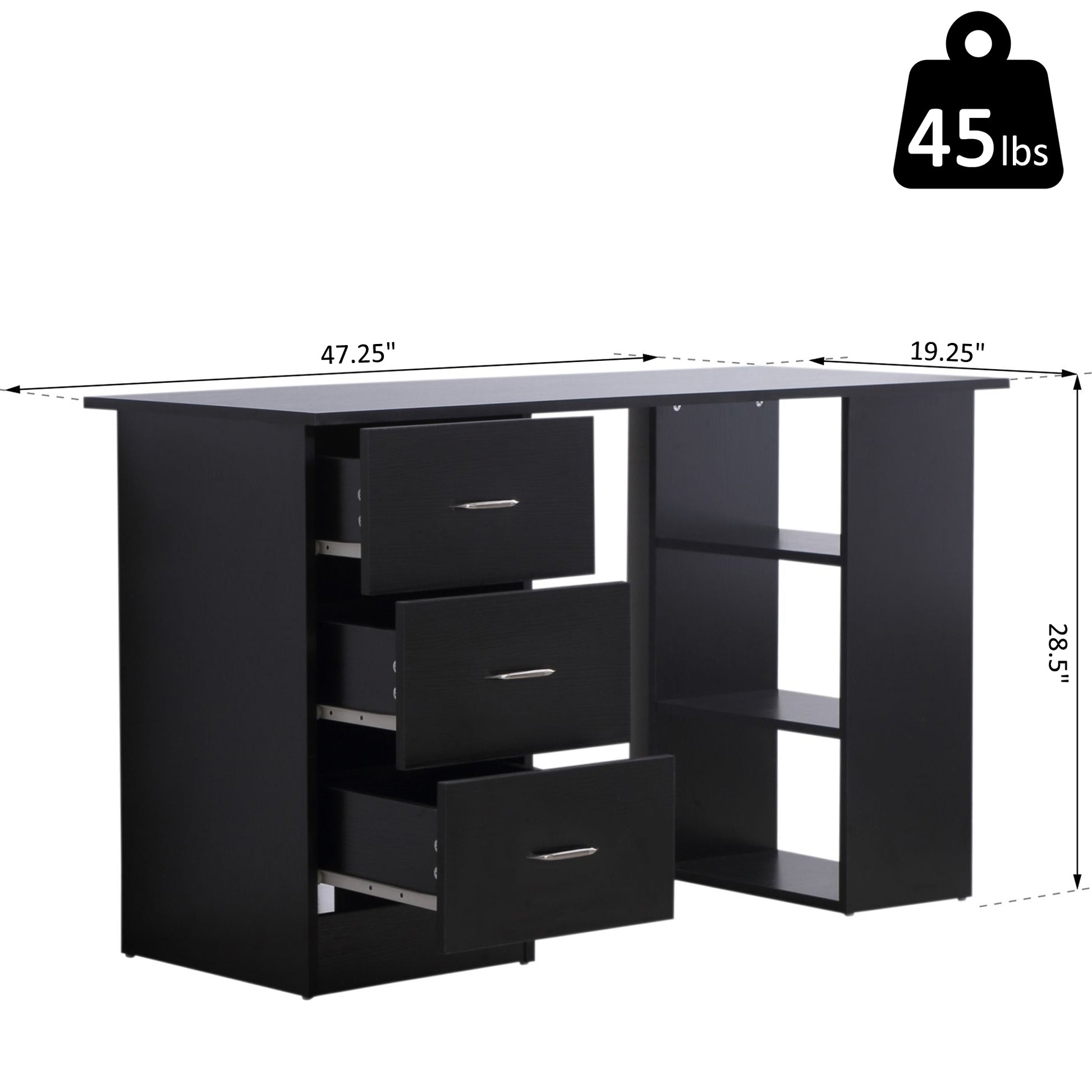 47" Home Office Computer Desk Bookcase Combo, Writing Table Workstation with 3 Drawer and Storage Shelf - Black