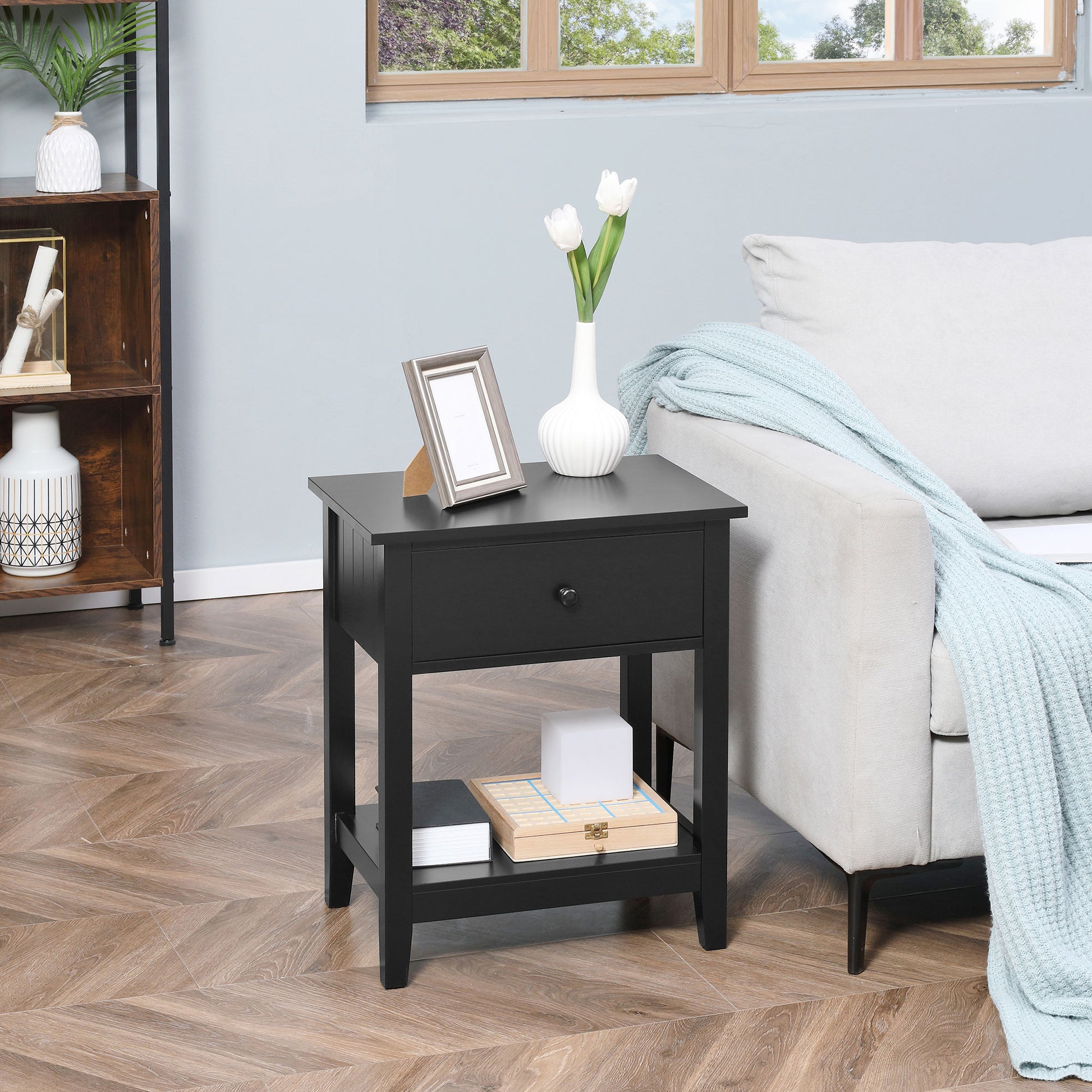End Table, 2-tier Side Table with Drawer and Storage Shelf, Modern Sofa Side Table for Living Room, Black