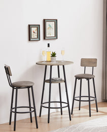 Round Bar Stool Set With Shelf, Upholstered Stool With Backrest Grey, 23.62  W X 23.62  D X 35.43  H.
