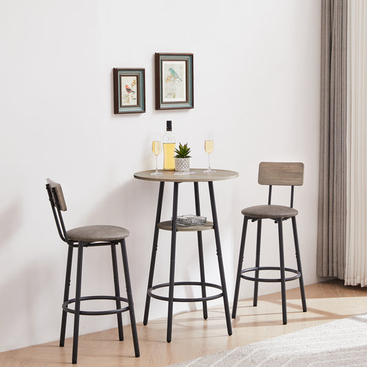Round Bar Stool Set With Shelf, Upholstered Stool With Backrest Grey, 23.62  W X 23.62  D X 35.43  H.