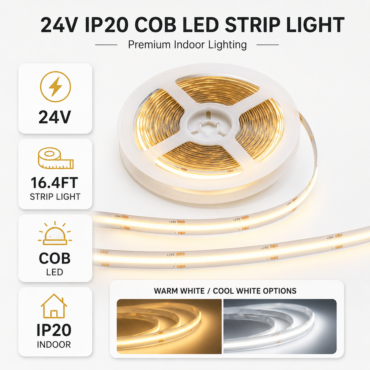LED COB Warm White IP20 - 24V  - 16.4FT  Strip Light - News