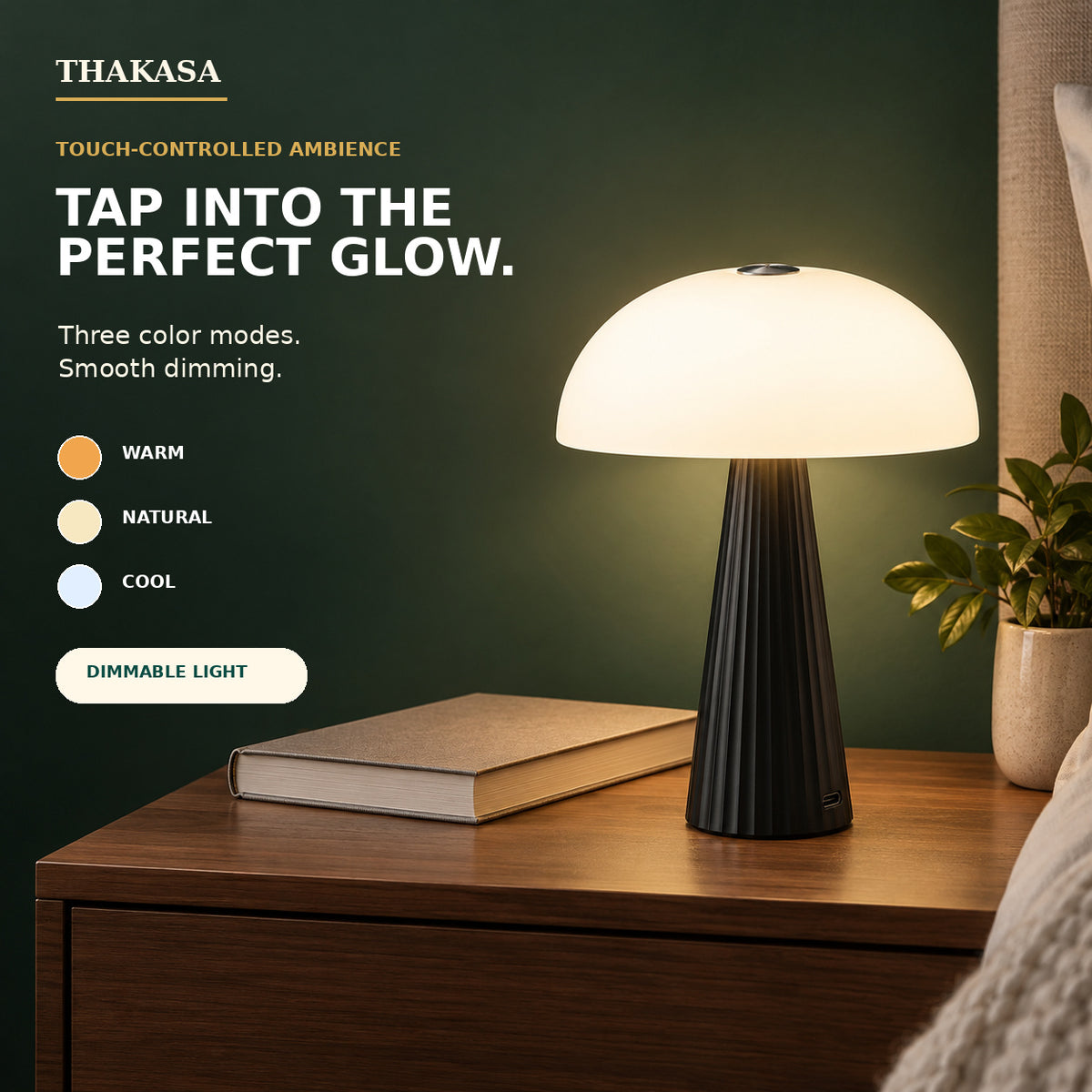 ABKO Cordless Rechargeable Mushroom Table Lamp – 3-Color Dimmable