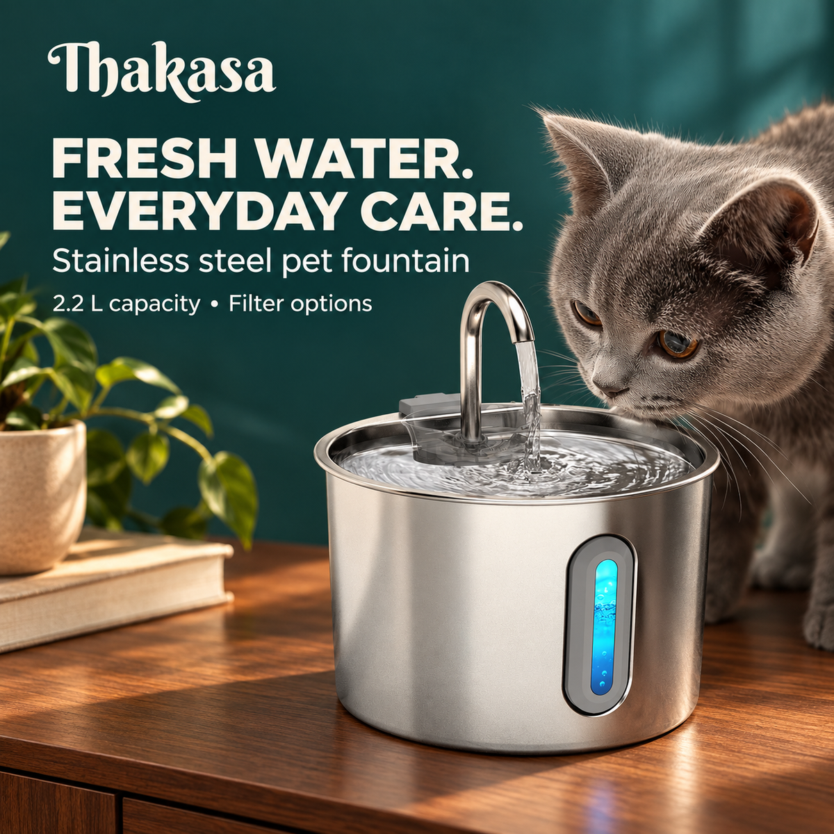 2.2L Stainless Steel Pet Water Fountain & Filter Options