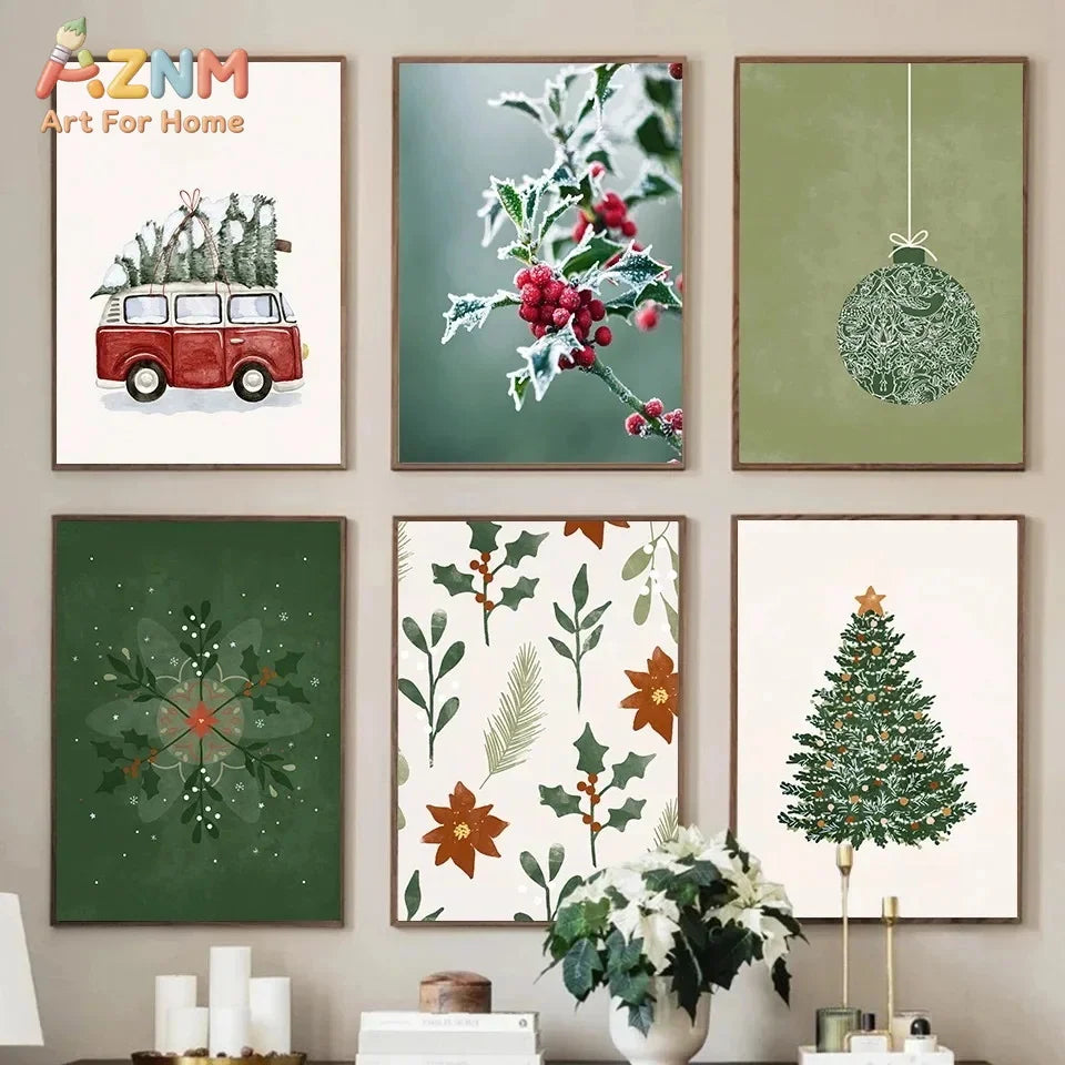 1pc frameless Christmas Tree Ball Decoration Poster Frosted Holly Winter Van Canvas Painting Snowflake Prints Decorative Home Ro
