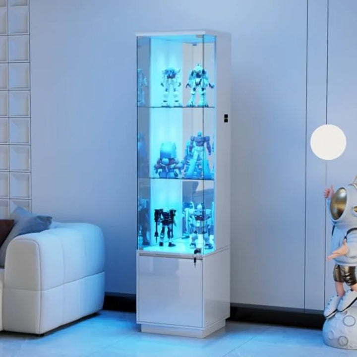 Corner Display Cabinet for Living Room Use, Made of MDF with Tempered Glass Doors and 3-Color LED Lights for Adjustable Ambient