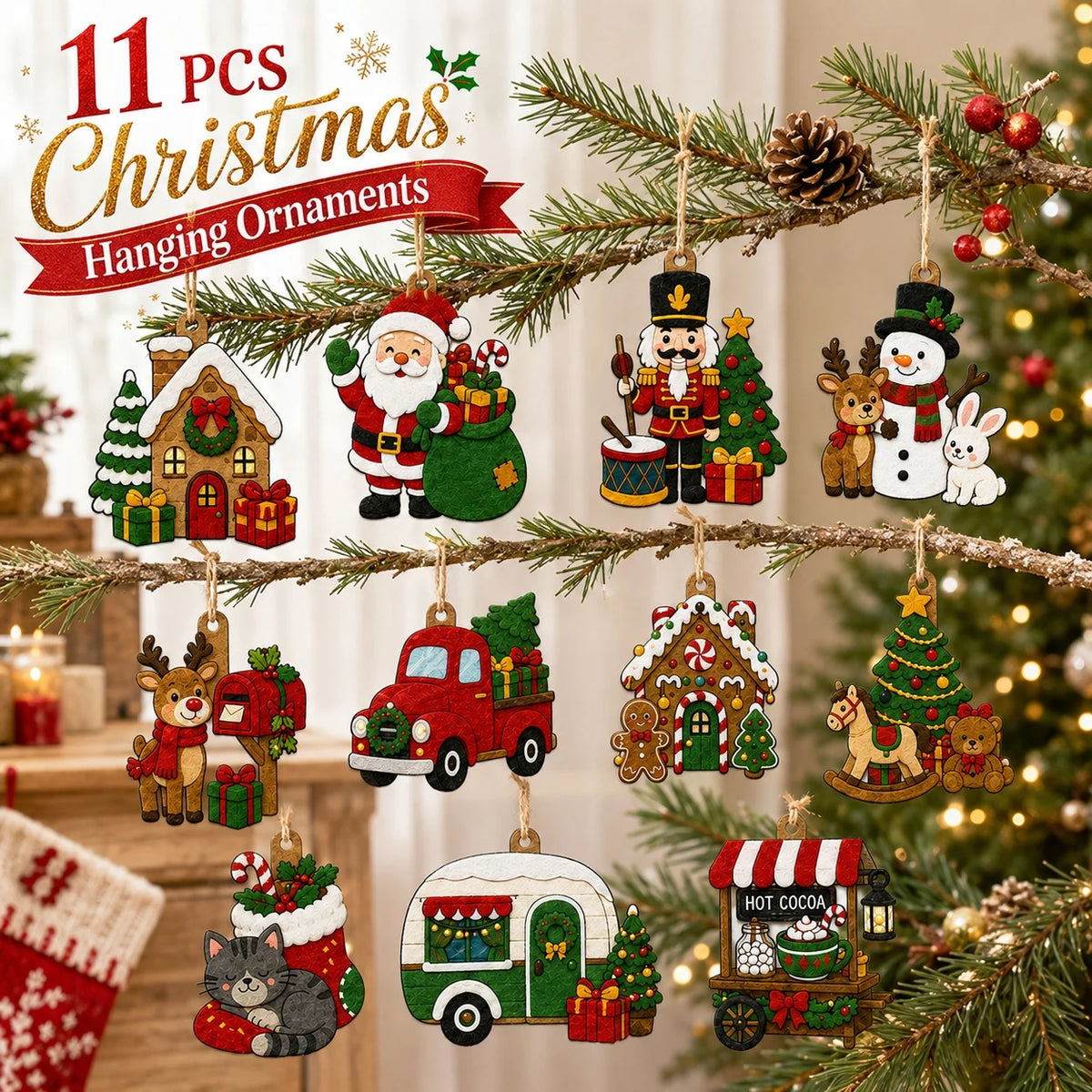 11 PCS 2D Flat Christmas Felt Ornaments, Christmas Hanging Felt Decor, DIY Holiday Decor for Home Halloween Party Accessories